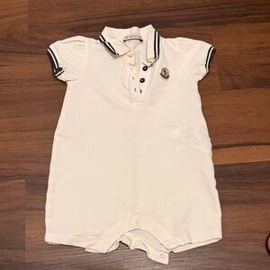 Moncler White Baby Polo Romper with Navy Stripe Trim